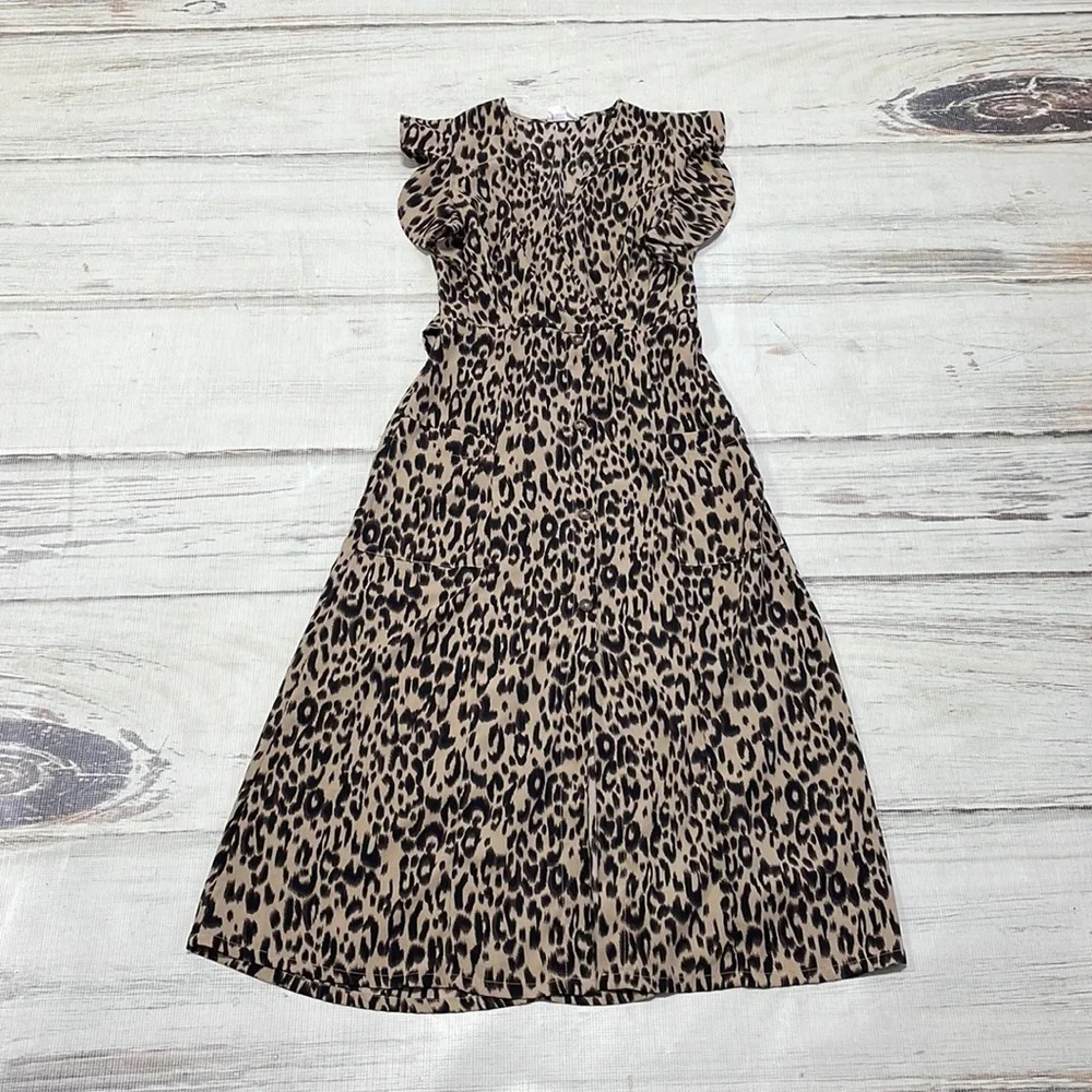Sienna Sky Leopard Print Midi Dress Fit & Flare V-Neck Brown Size Small S - Picture 12 of 17